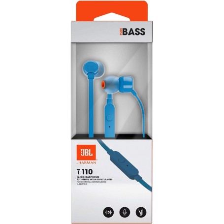 JBL T110 – Ecouteurs intra-auriculaires filaires – Son Pure Bass de JBL et bouton de contrôle –Couleur : Bleu