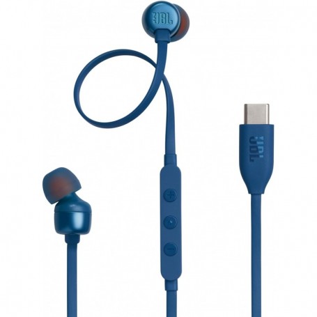 JBL Tune 310 C, Écouteurs filaires Hi-Res, son Pure Bass JBL, connexion USB-C, câble plat anti-nœuds bleu